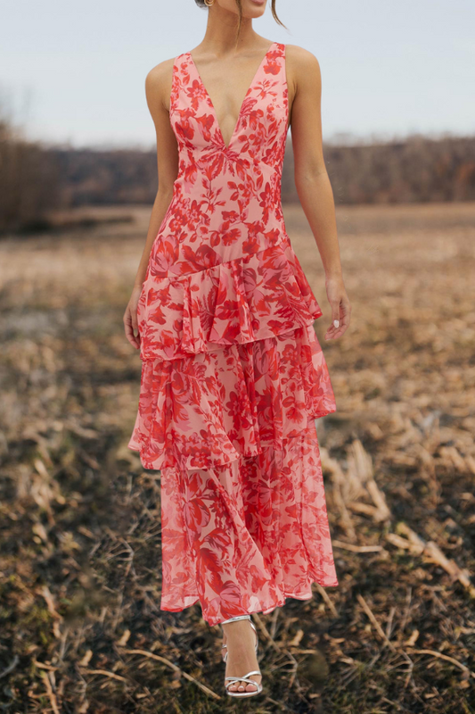 Floral Strappy Back Ruffle Midi Dress