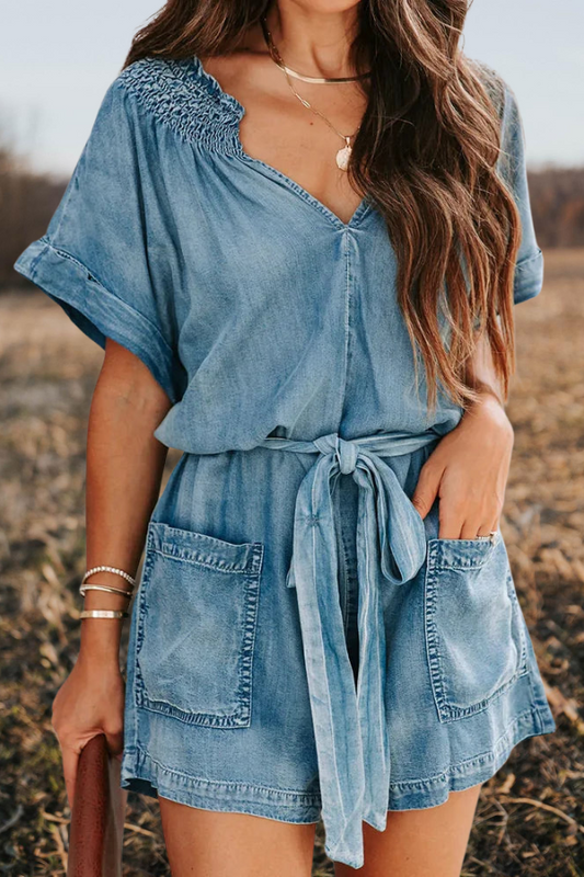 Ruffle Sleeve V Neck Denim Rompers