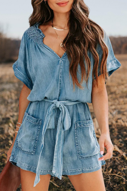 Ruffle Sleeve V Neck Denim Rompers