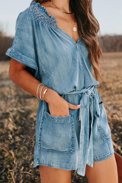 Ruffle Sleeve V Neck Denim Rompers