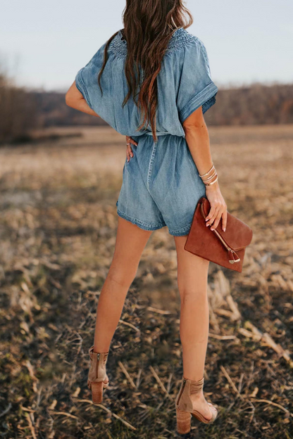 Ruffle Sleeve V Neck Denim Rompers