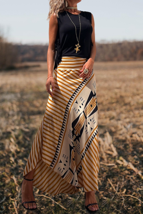 High Waist Stripes Splice Printed Maxi Skirt