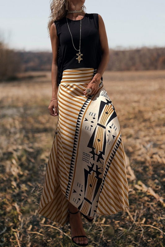 High Waist Stripes Splice Printed Maxi Skirt