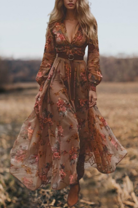 Floral Print Ruffle Chiffon Maxi Dress