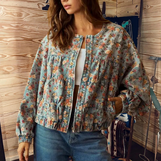 Floral Washed Denim Rose Jacket