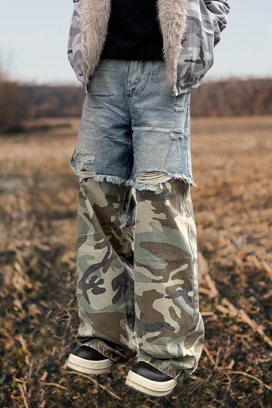 Patchwork Camouflage  Washed Ripped Baggy Jeans