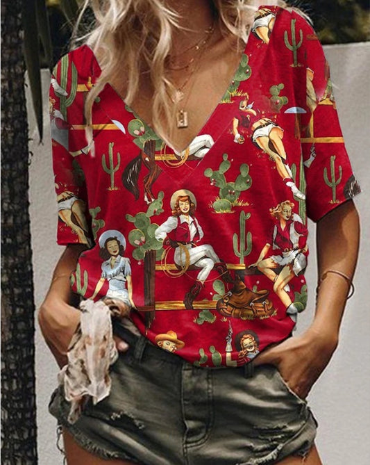 Western print short-sleeve V-neck T-shirt